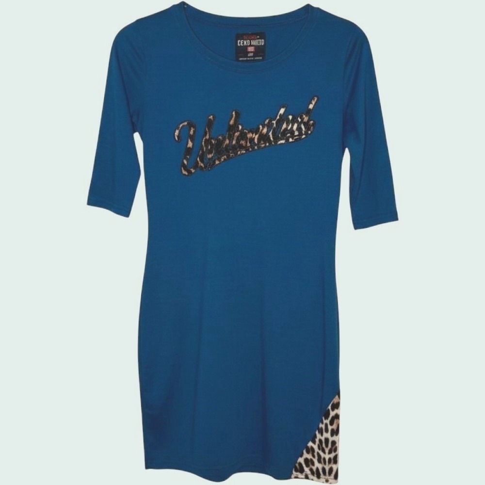 Ecko Red Ecko Unltd Womens Teal Blue Leopard Print Spellout Bodycon Mini Dress